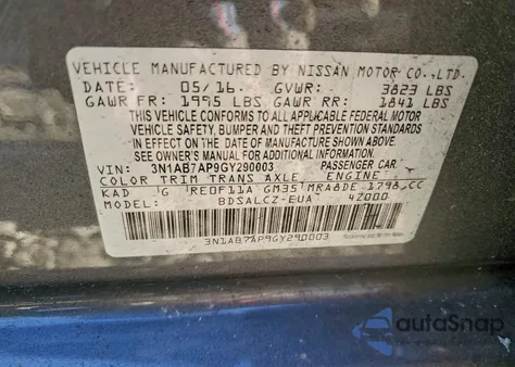 2016 Nissan Sentra S z USA, uszkodzony, nr VIN 3N1AB7AP9GY290003